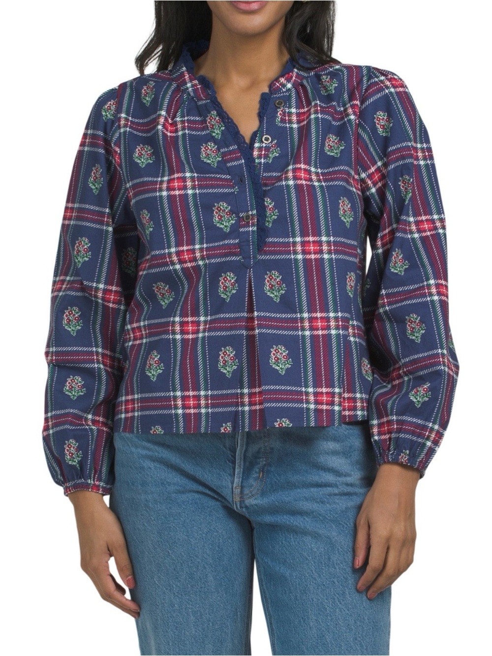 Printfresh Navy Plaid Henley Tunic with Floral Motifs